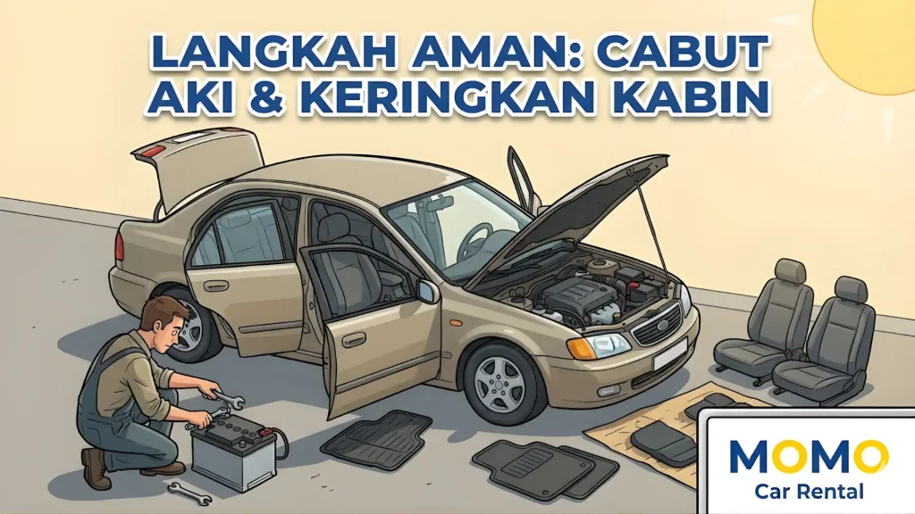 Ilustrasi langkah penanganan mobil pasca banjir: membuka pintu untuk pengeringan dan mencabut kabel aki untuk mencegah korsleting.