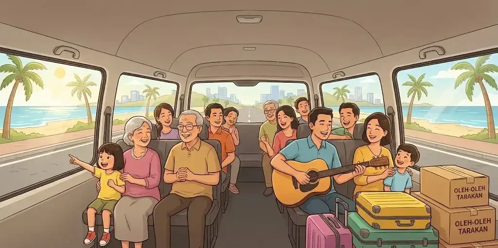 Interior kabin Toyota Hiace Commuter dari MOMO Car Rental yang luas, diisi oleh rombongan keluarga yang sedang menikmati perjalanan wisata di Tarakan dengan nyaman dan ceria